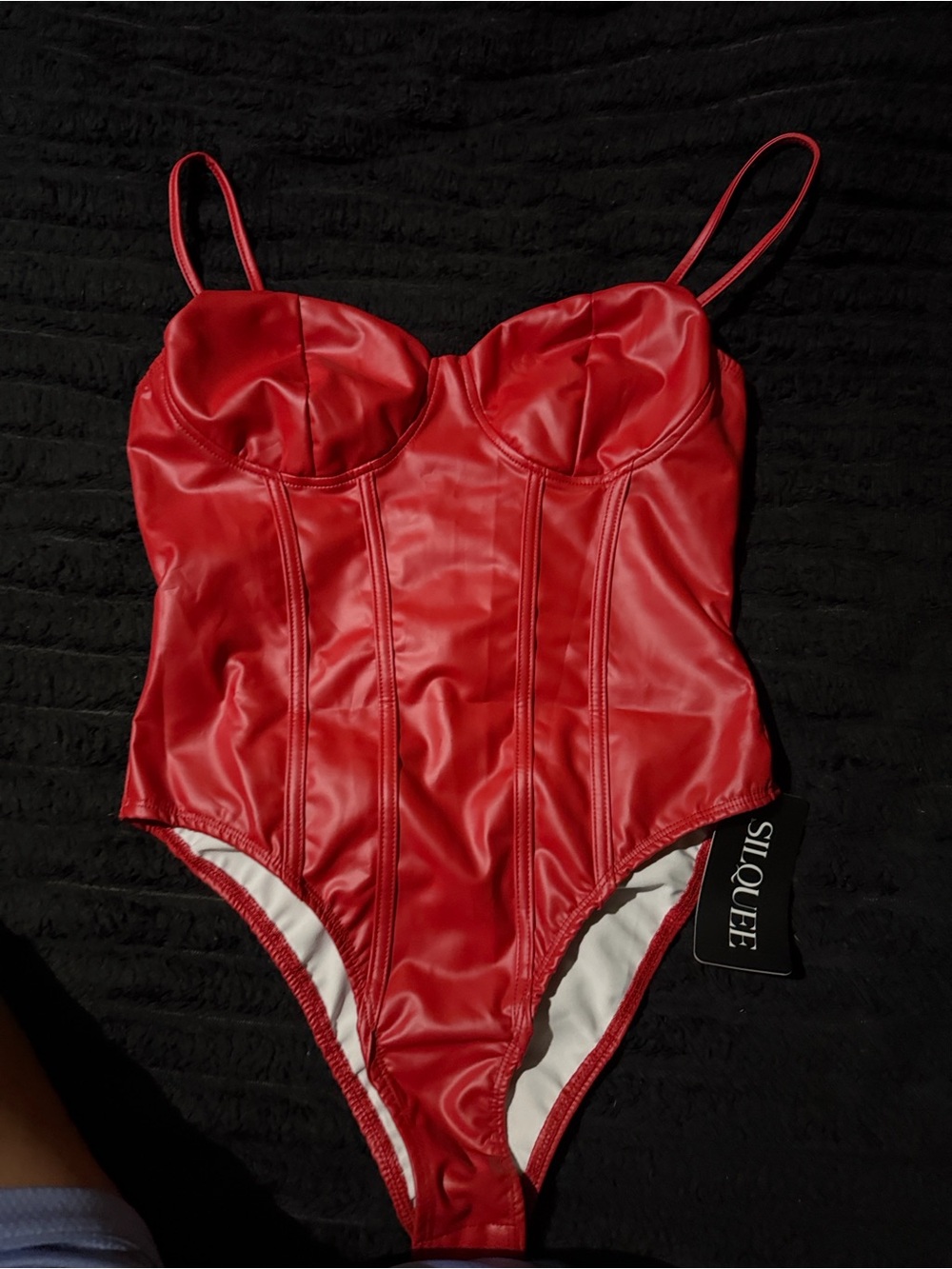 SHEIN Red Faux Leather Bustier-Style Bodysuit